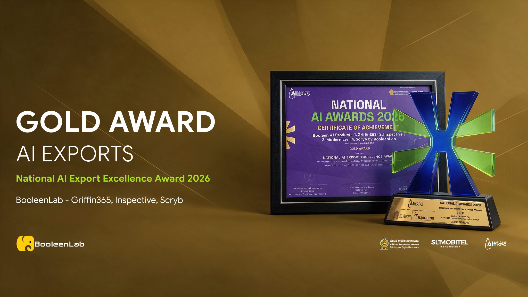 National AI Export Excellence Award trophy and certificate